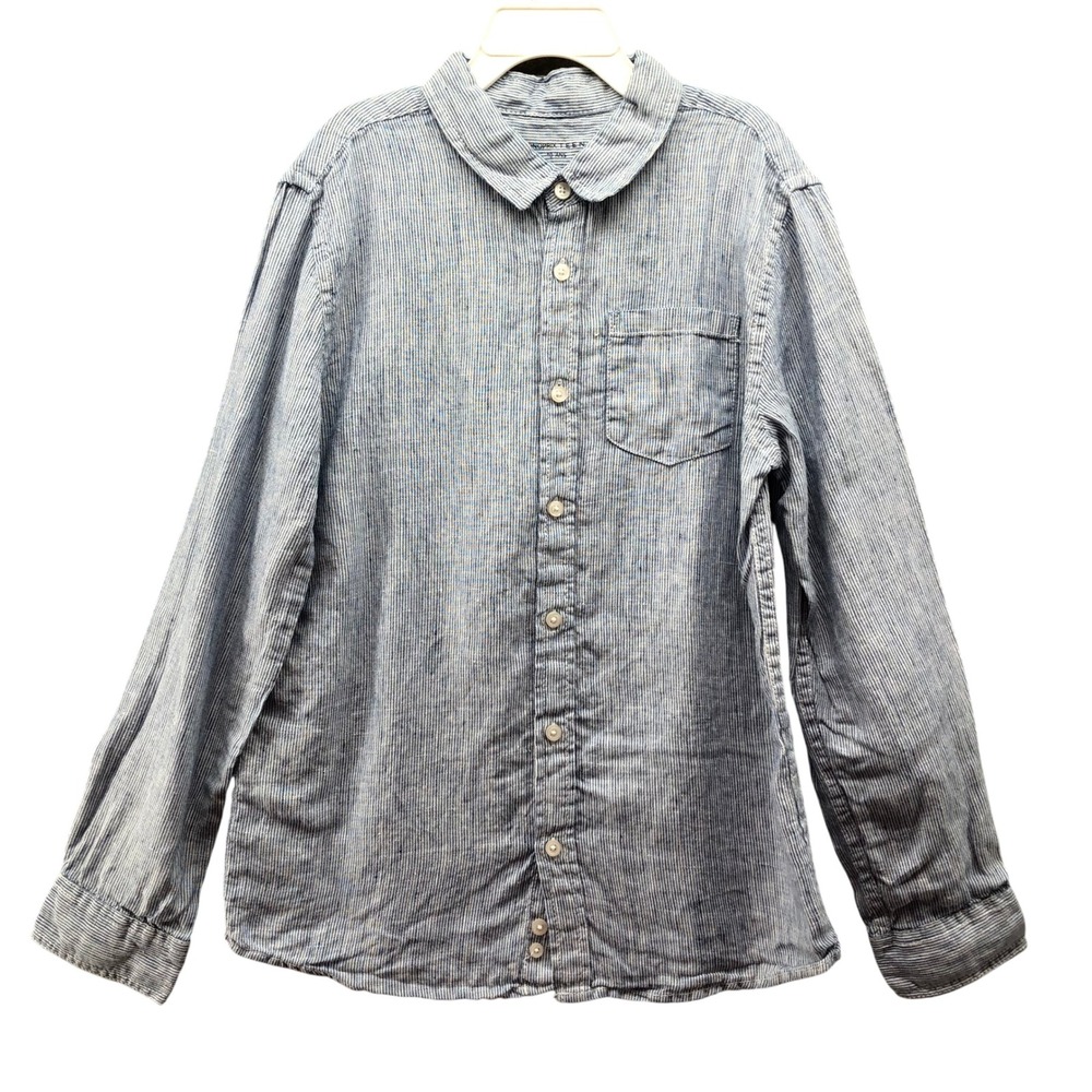 Monoprix‎ Teens Boys Size 10 100% Linen Button Up Shirt Long Sleeve Blue Stripe